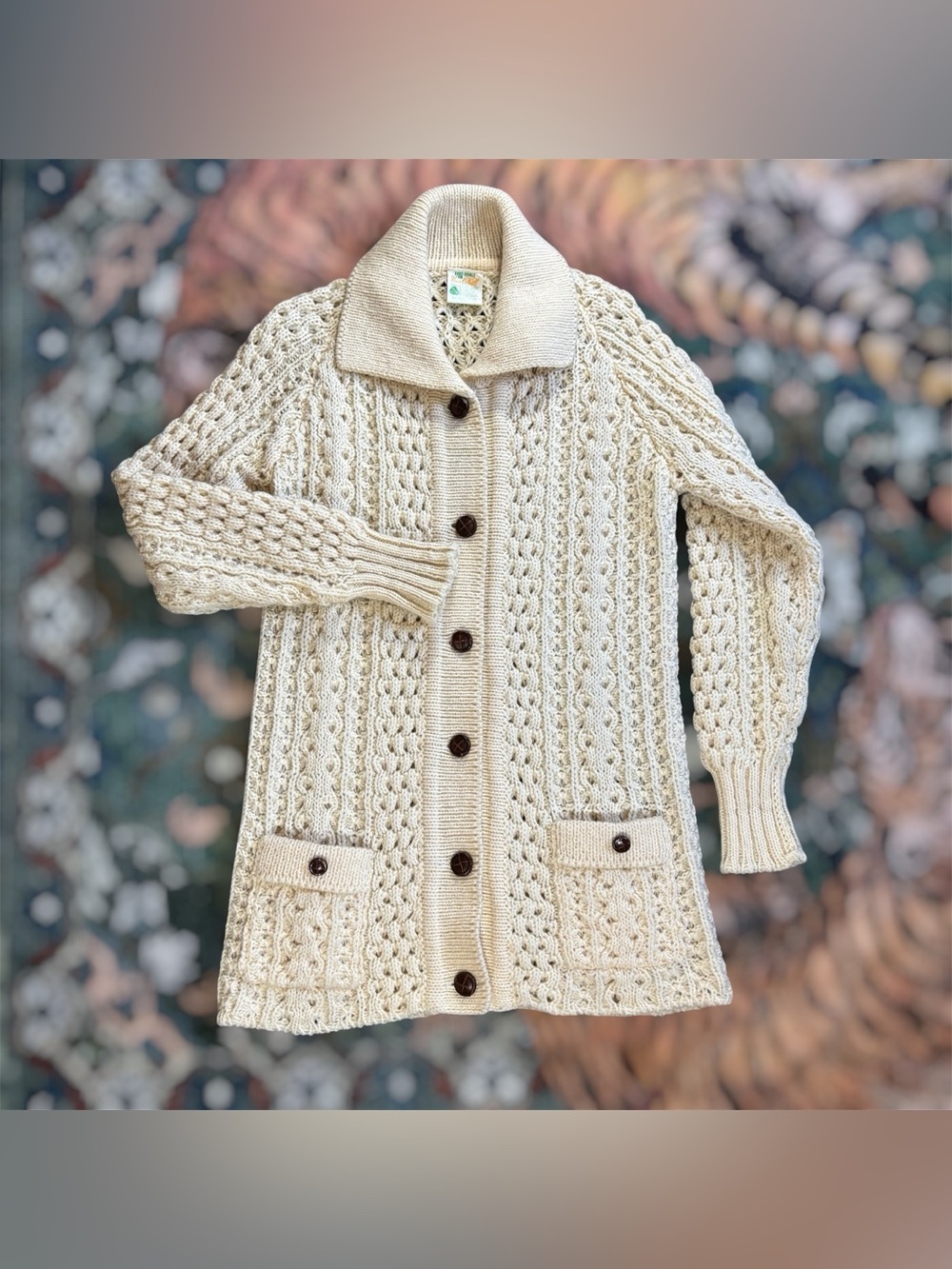 Una O'Neill Aran Wool Sweater Cardigan Fisherman Ivory Chunky Cable Knit Ireland